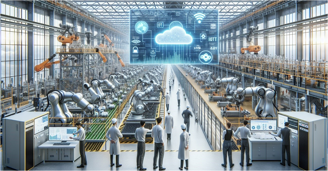 Factory with robotics and digital operations screen